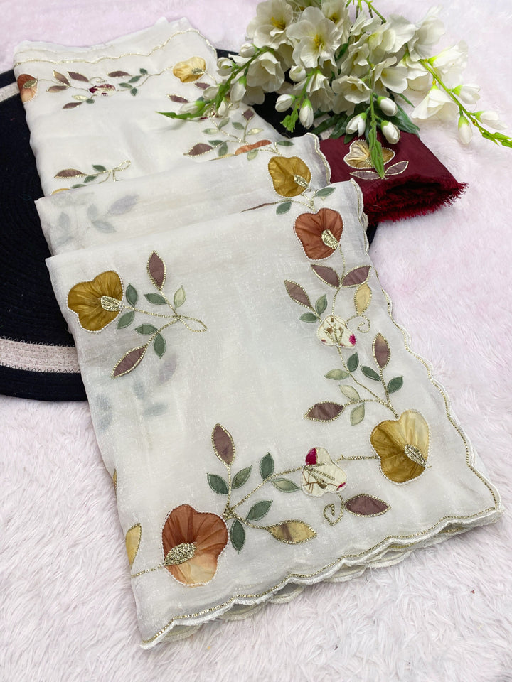 Elegant Premium Crunchy Chiffon Saree with Designer Patch &amp; Handwork Border - WHITE