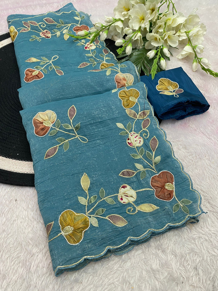 Elegant Premium Crunchy Chiffon Saree with Designer Patch &amp; Handwork Border - RAMA
