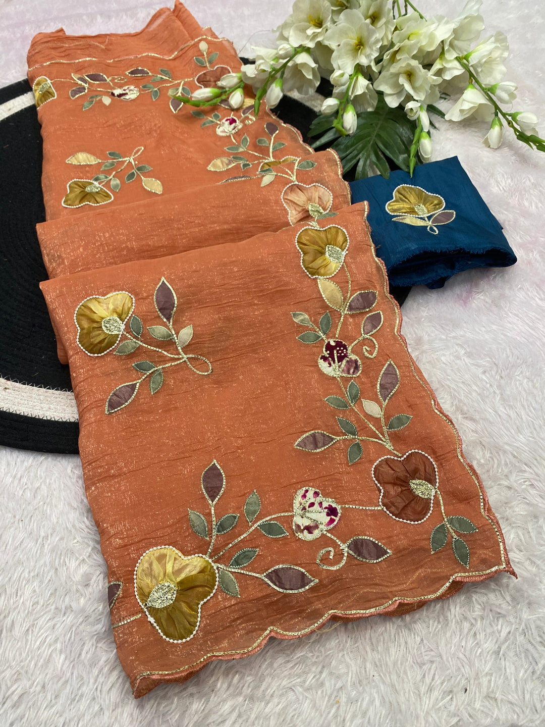 Elegant Premium Crunchy Chiffon Saree with Designer Patch &amp; Handwork Border - ORANGE