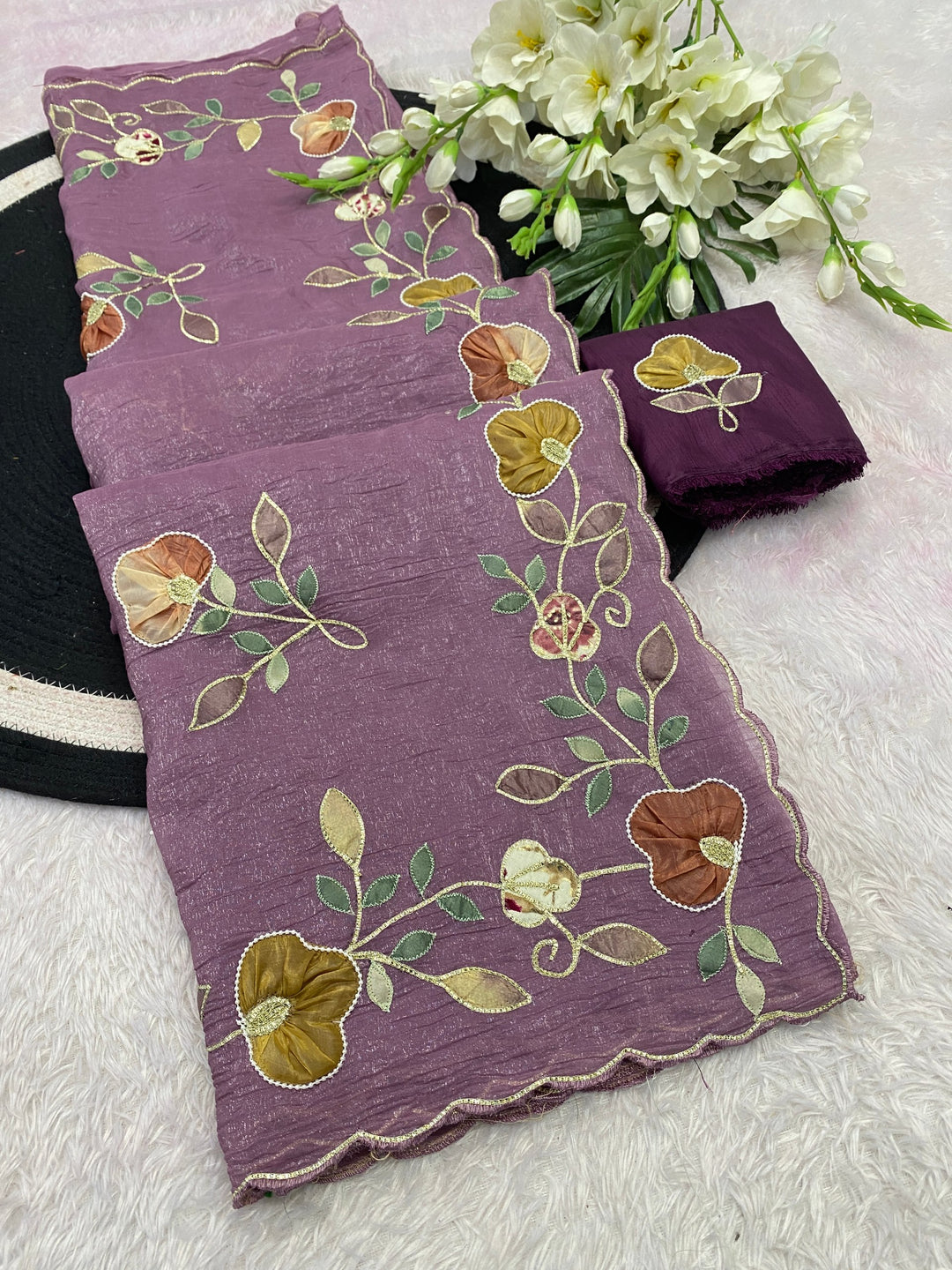 Elegant Premium Crunchy Chiffon Saree with Designer Patch &amp; Handwork Border - PURPLE