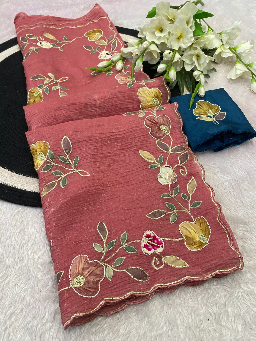 Elegant Premium Crunchy Chiffon Saree with Designer Patch &amp; Handwork Border - PEACH