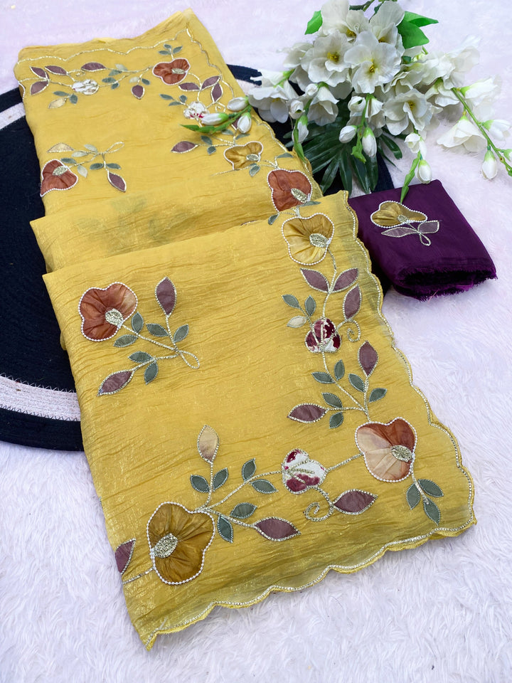Elegant Premium Crunchy Chiffon Saree with Designer Patch &amp; Handwork Border - YELLOW