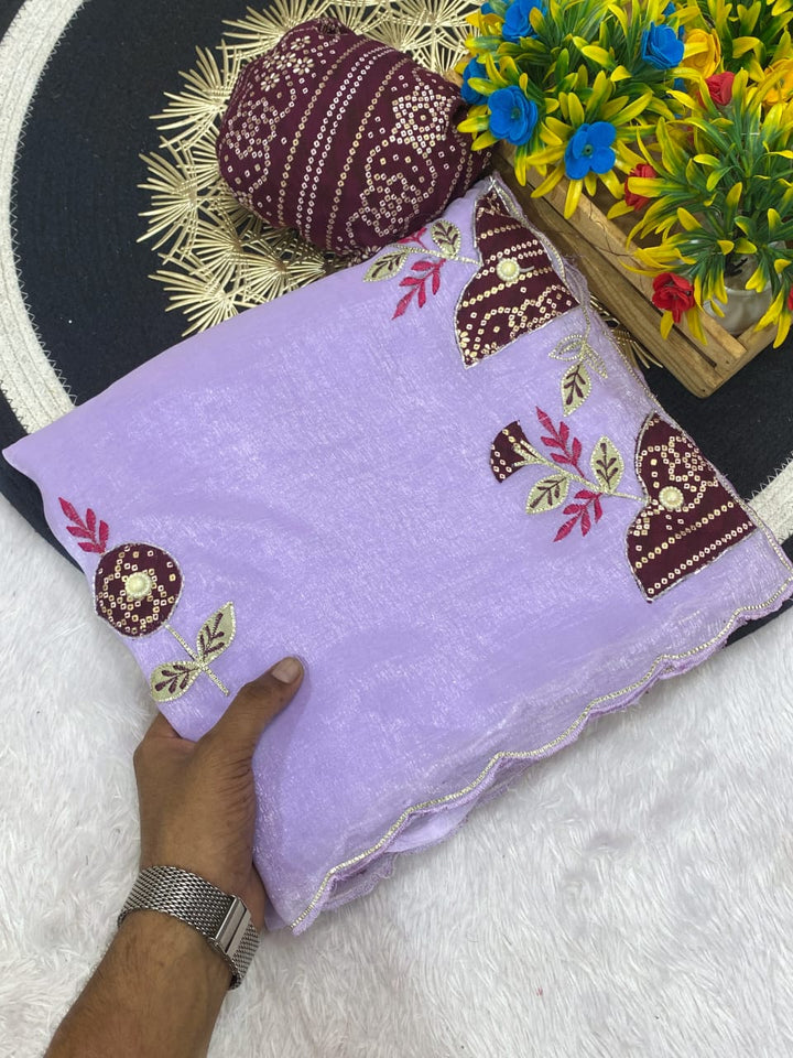 Premium Crunchy Chiffon Designer Saree with Patch Work - PURPLE
