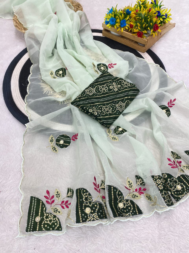Premium Crunchy Chiffon Designer Saree with Patch Work - PISTA