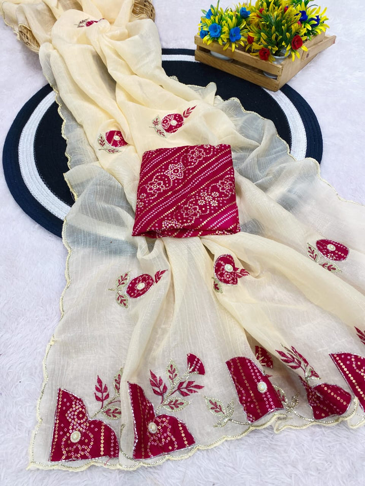 Premium Crunchy Chiffon Designer Saree with Patch Work - CREAM