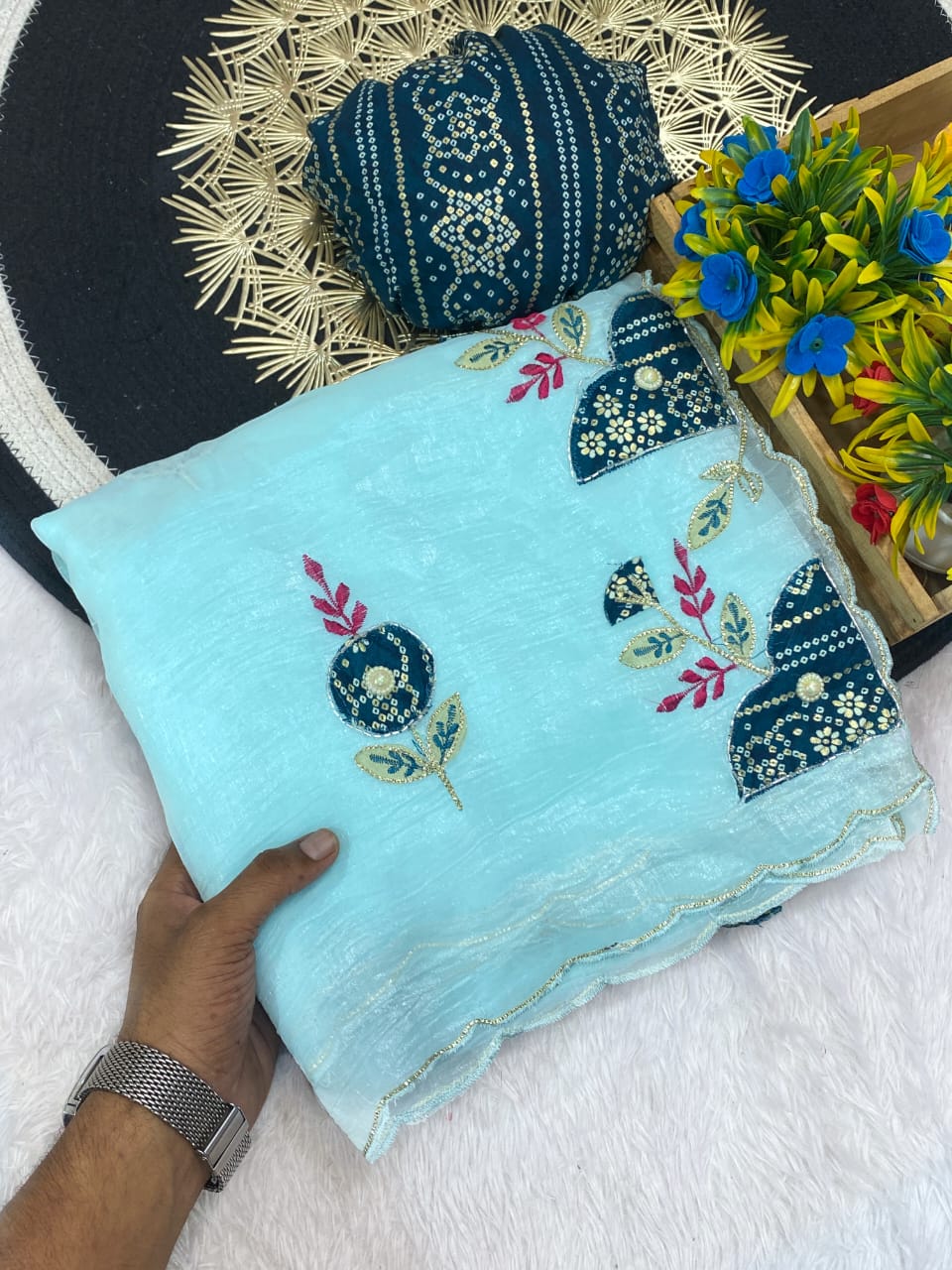 Premium Crunchy Chiffon Designer Saree with Patch Work - SKY BLUE