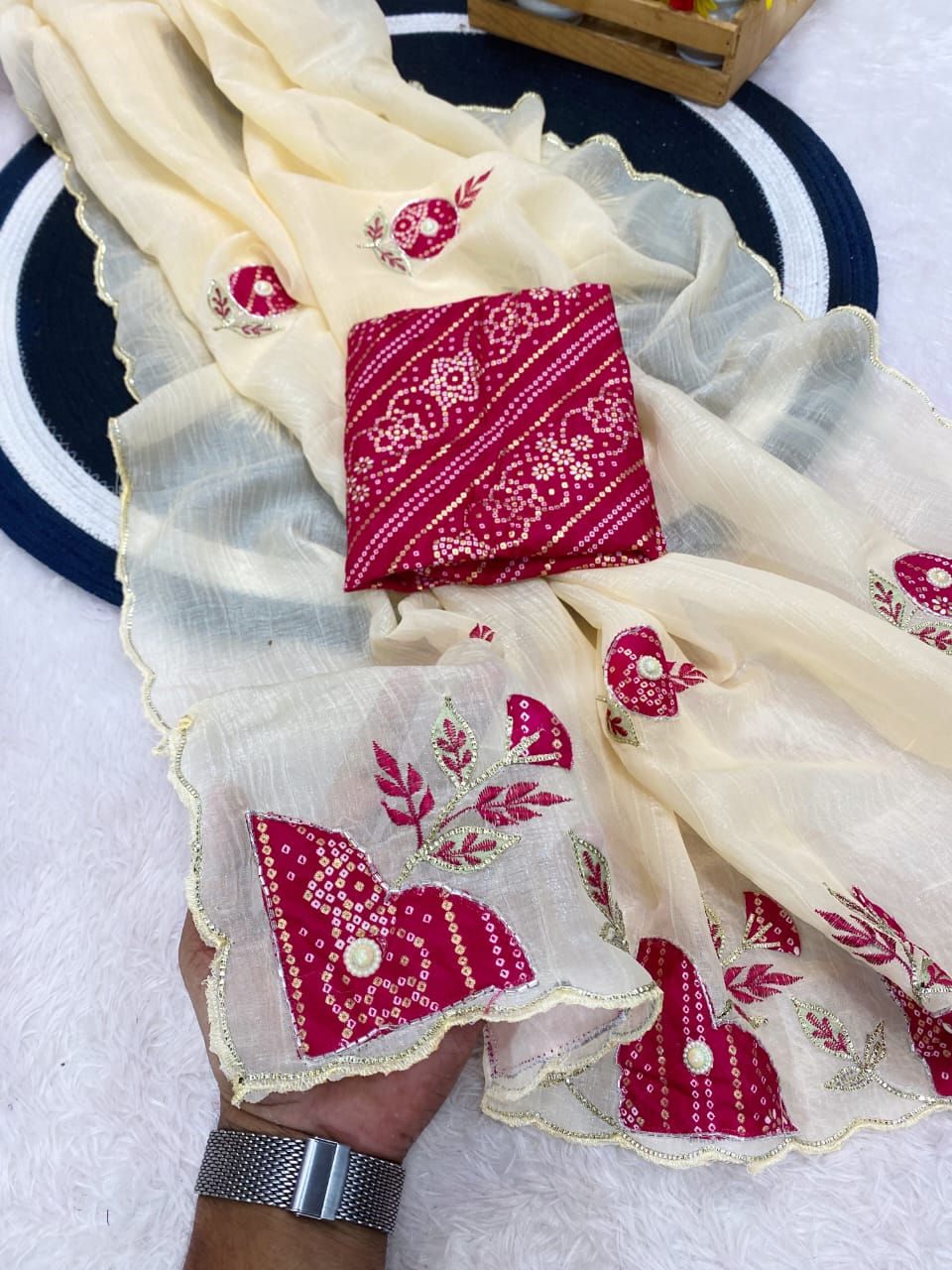 Premium Crunchy Chiffon Designer Saree with Patch Work - CREAM