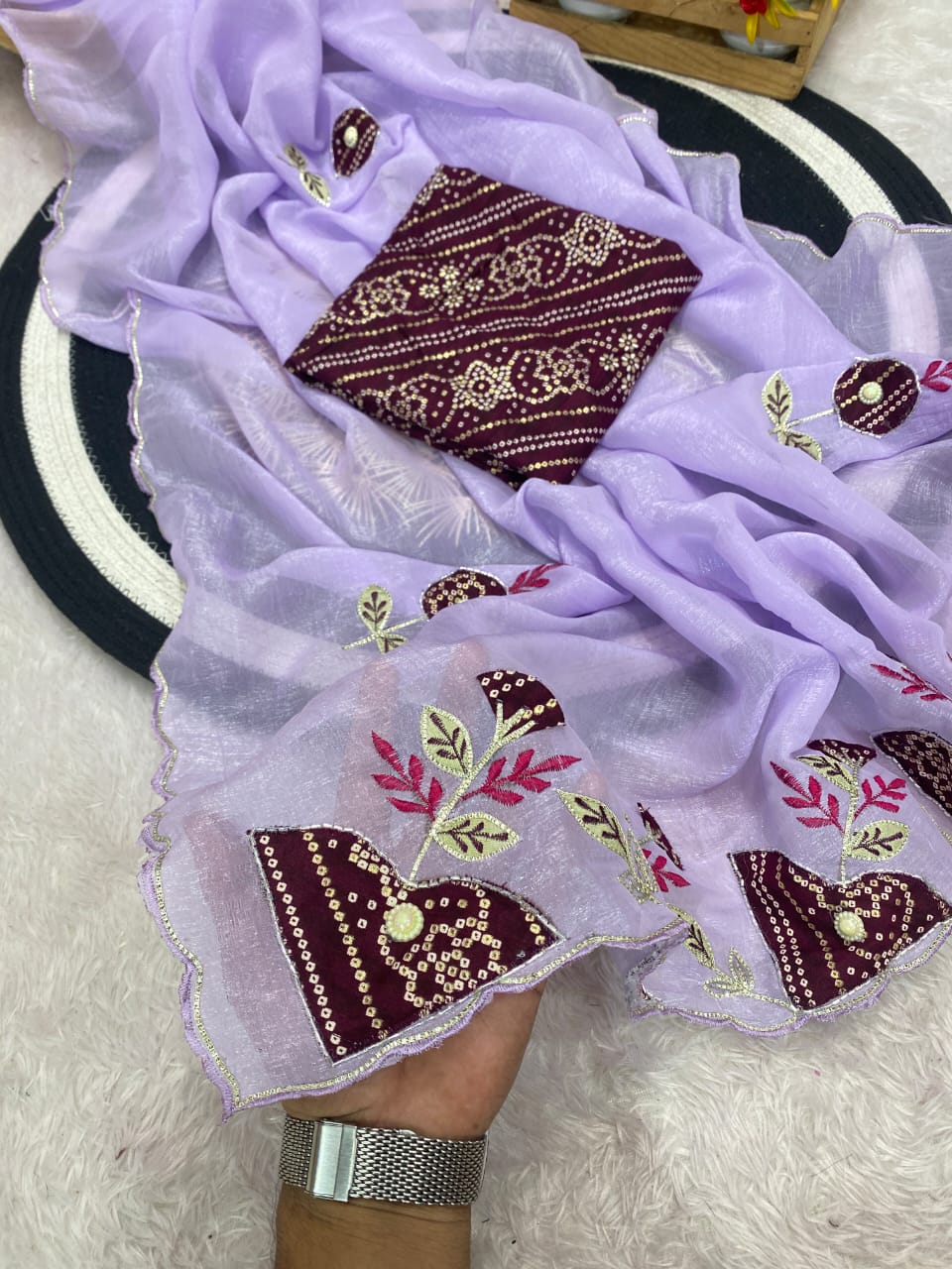 Premium Crunchy Chiffon Designer Saree with Patch Work - PURPLE