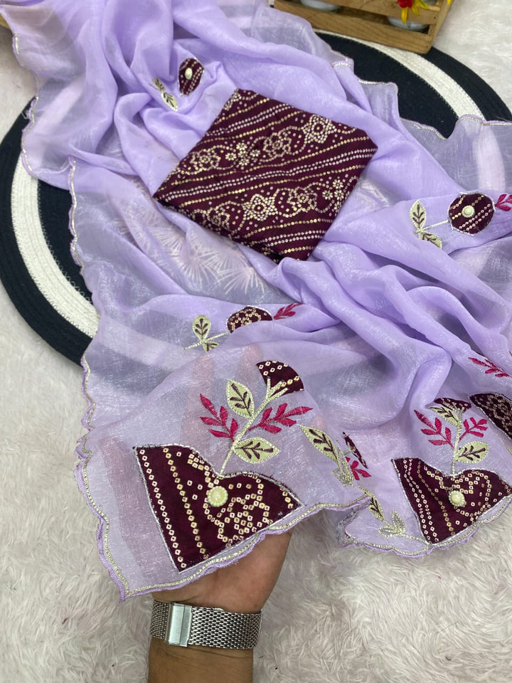 Premium Crunchy Chiffon Designer Saree with Patch Work - PURPLE