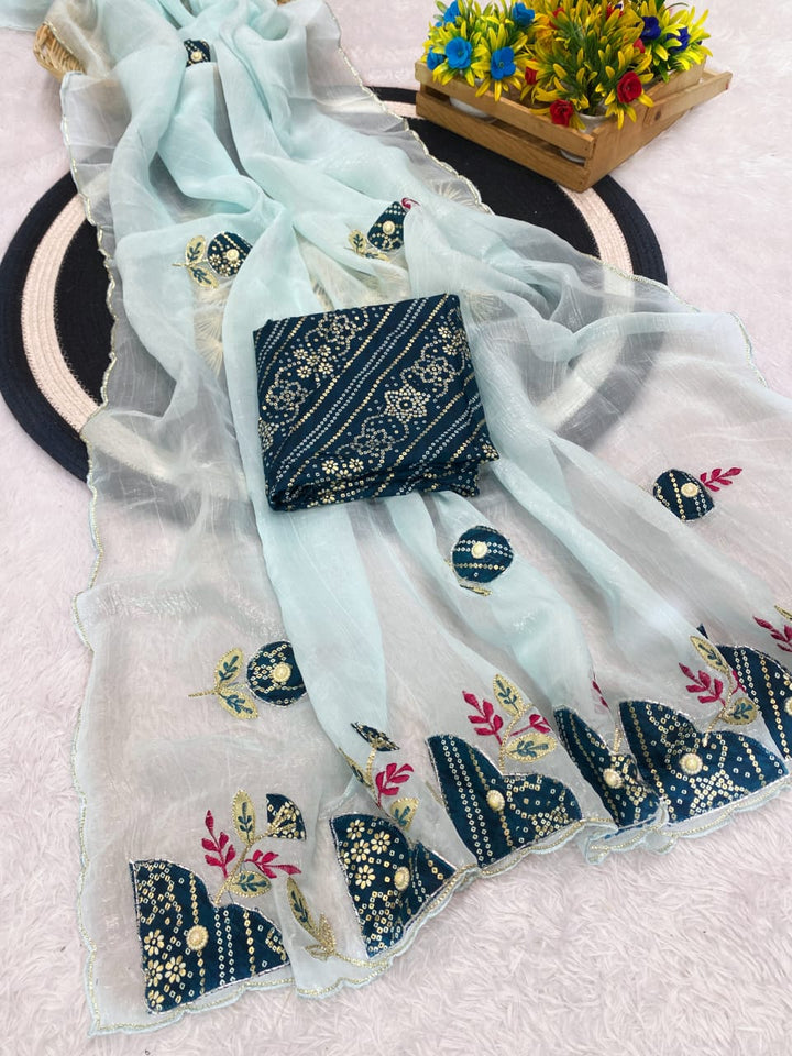 Premium Crunchy Chiffon Designer Saree with Patch Work - SKY BLUE