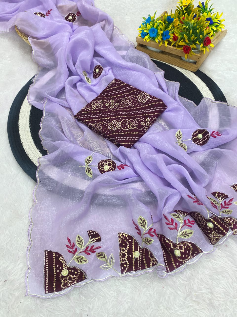 Premium Crunchy Chiffon Designer Saree with Patch Work - PURPLE