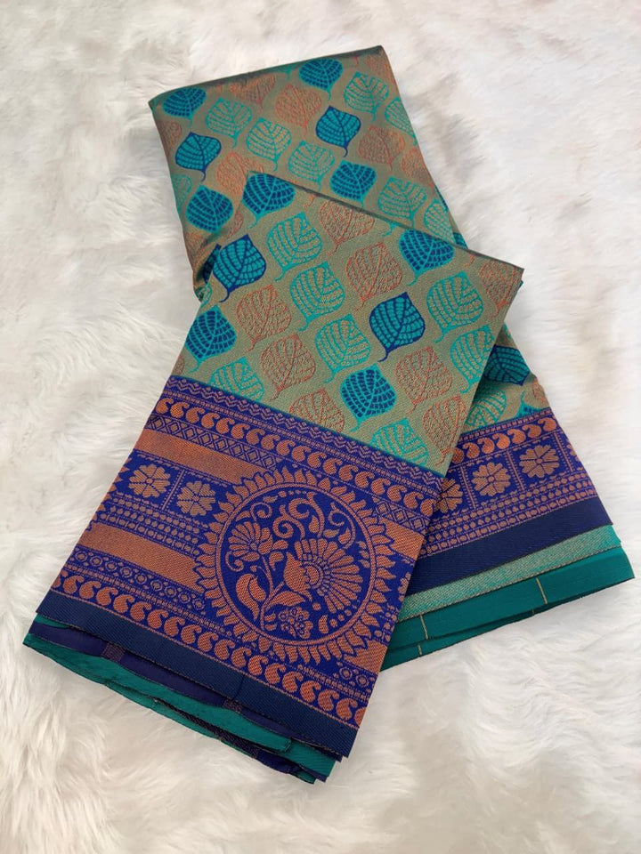 Elegant Floral Woven Saree with Intricate Heritage Border - SKY - DARK GREEN