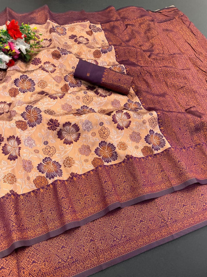 Elegant Floral Woven Saree with Intricate Heritage Border - PEACH