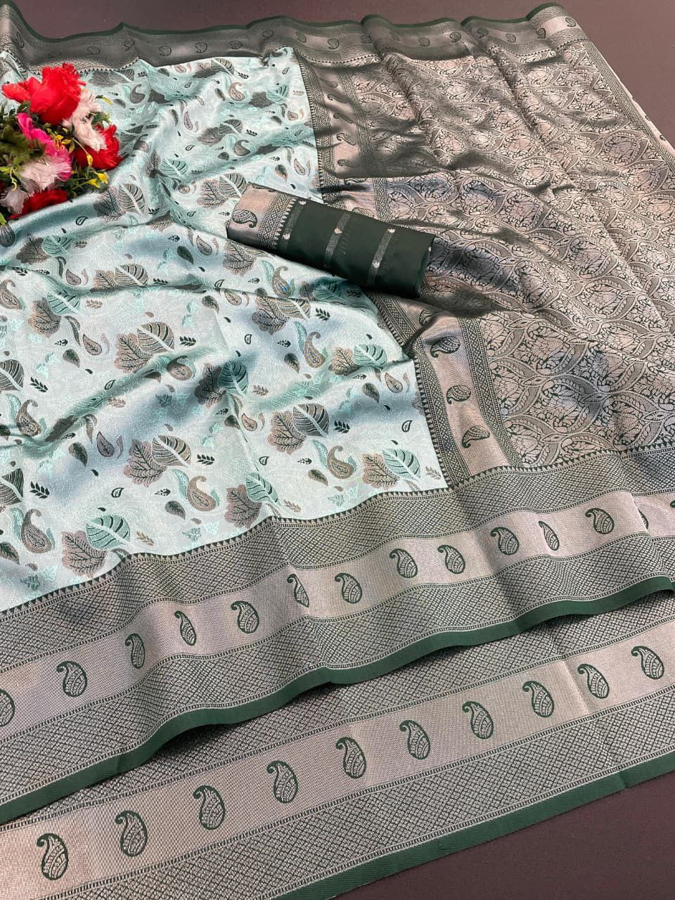 Elegant Floral Woven Saree with Intricate Heritage Border - SKY BLUE