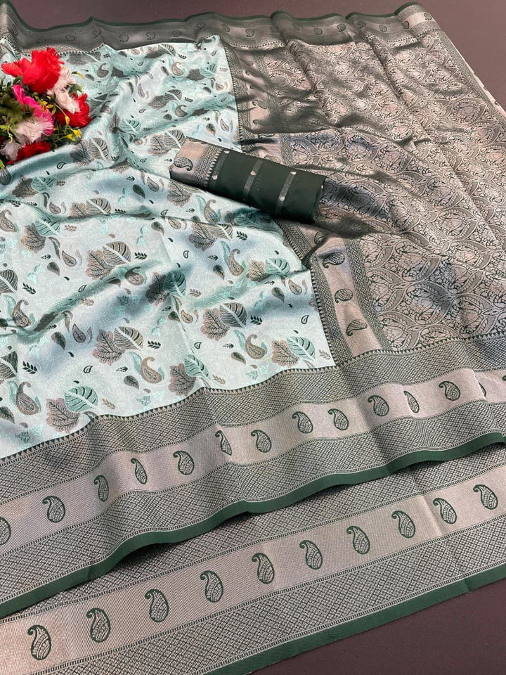 Elegant Floral Woven Saree with Intricate Heritage Border - SKY BLUE