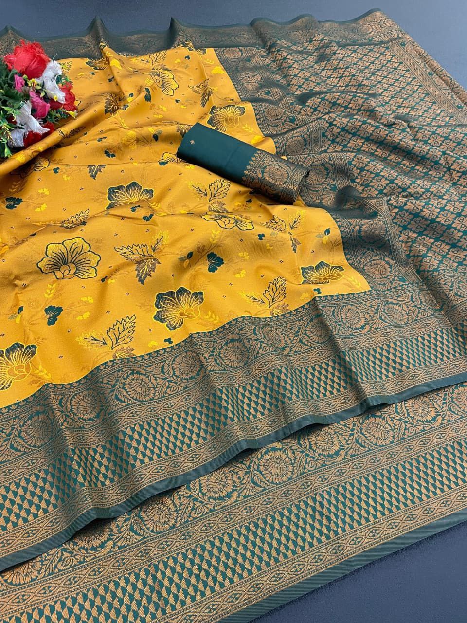 Elegant Floral Woven Saree with Intricate Heritage Border - DARK YELLOW