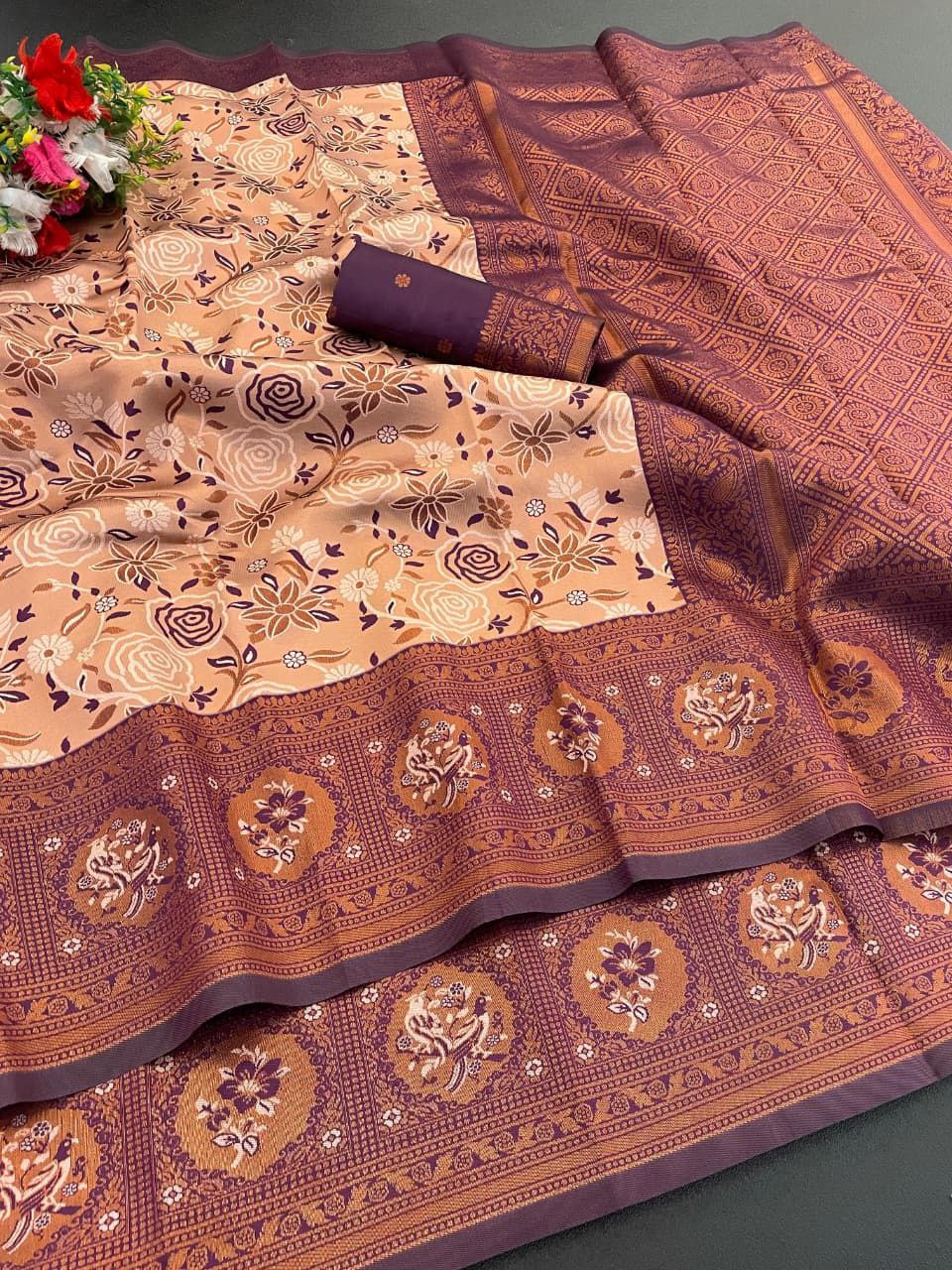 Elegant Floral Woven Saree with Intricate Heritage Border - LIGHT BROWN