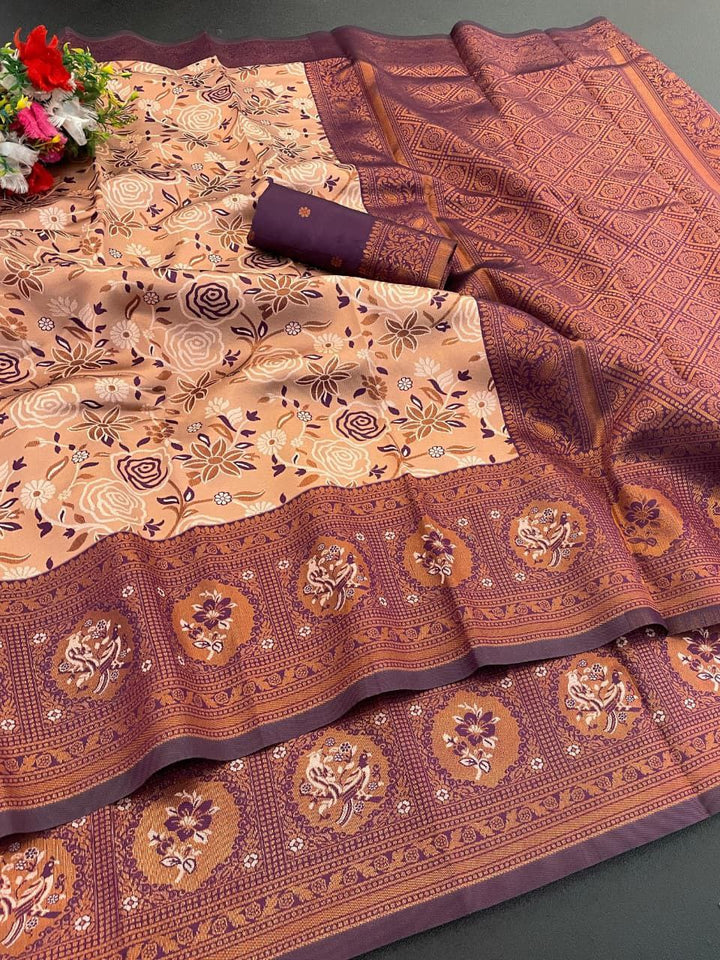 Elegant Floral Woven Saree with Intricate Heritage Border - LIGHT BROWN