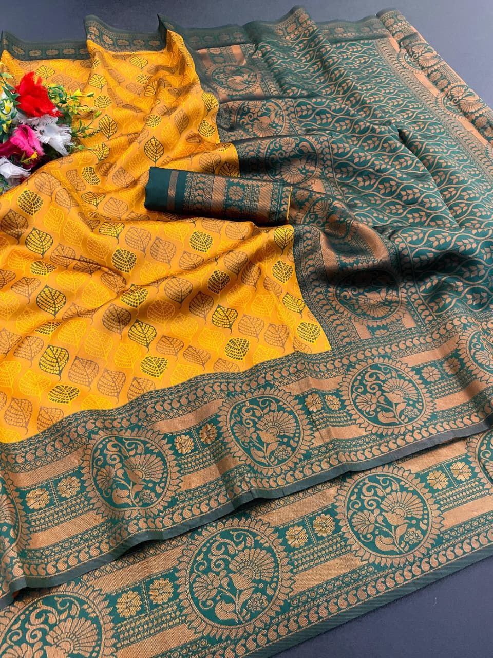 Elegant Floral Woven Saree with Intricate Heritage Border - MUSTARD YELLOW