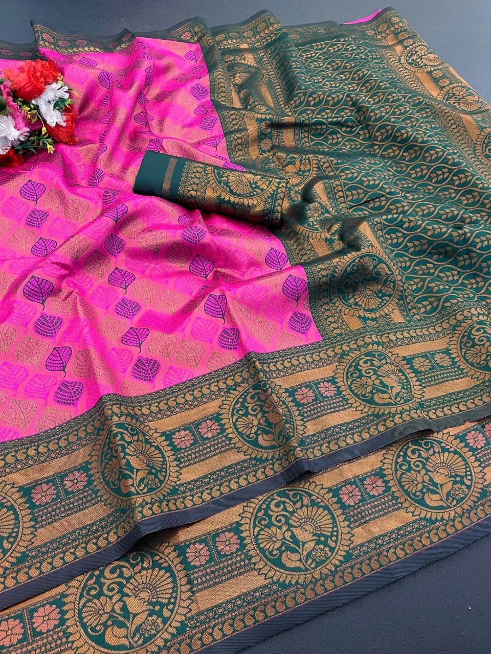 Elegant Floral Woven Saree with Intricate Heritage Border - MAGENTA
