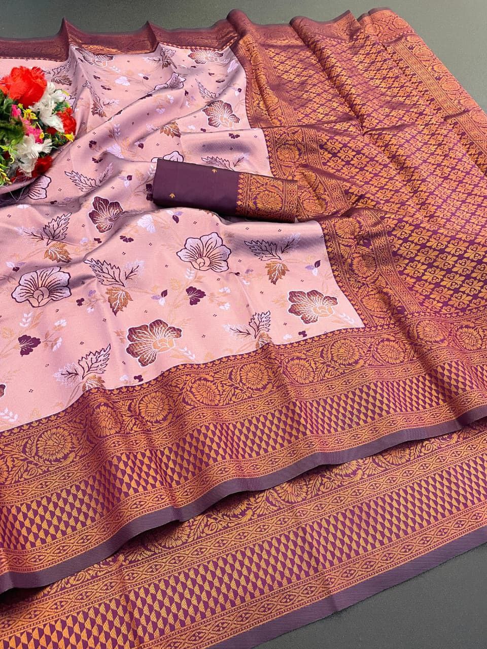 Elegant Floral Woven Saree with Intricate Heritage Border - BABY PINK