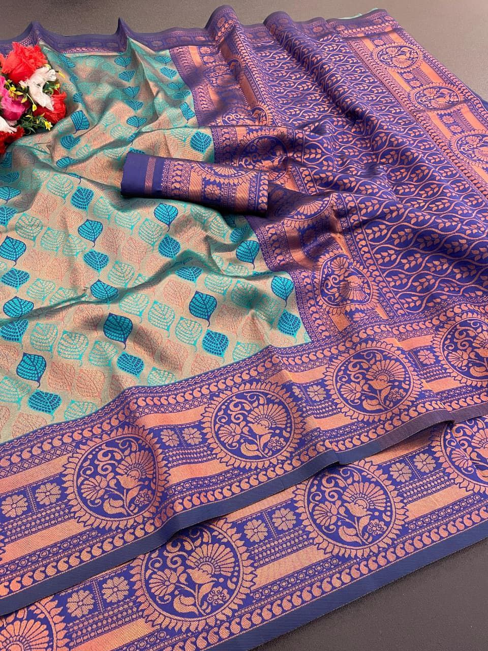 Elegant Floral Woven Saree with Intricate Heritage Border - SKY - DARK GREEN