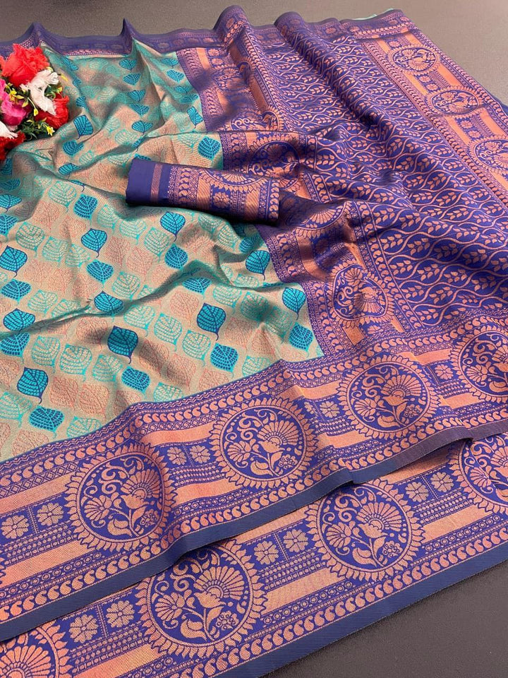 Elegant Floral Woven Saree with Intricate Heritage Border - SKY - DARK GREEN