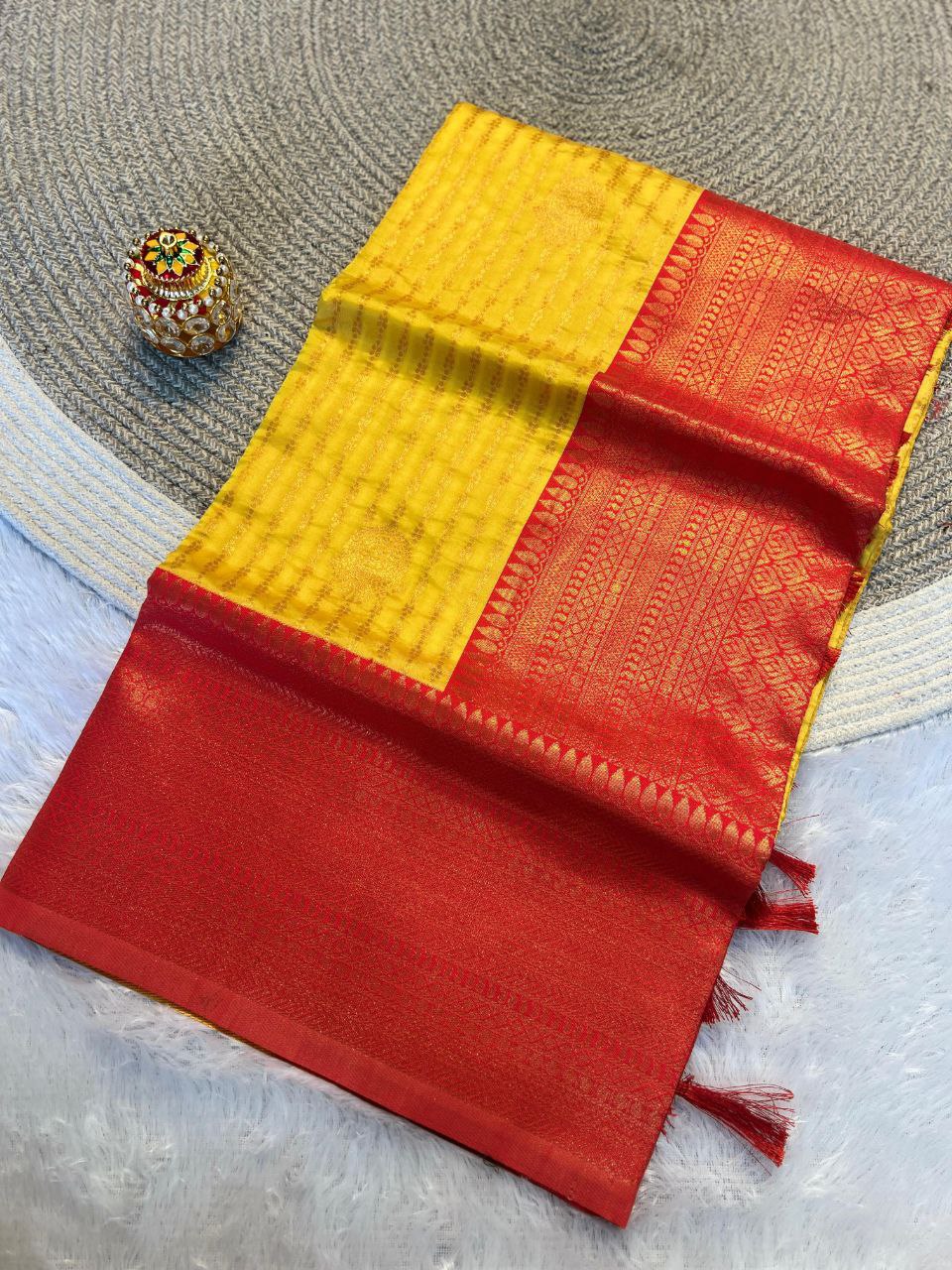 Radiant Yellow &amp; Red Kanchipuram Pattu Silk Saree with Rich Zari Border