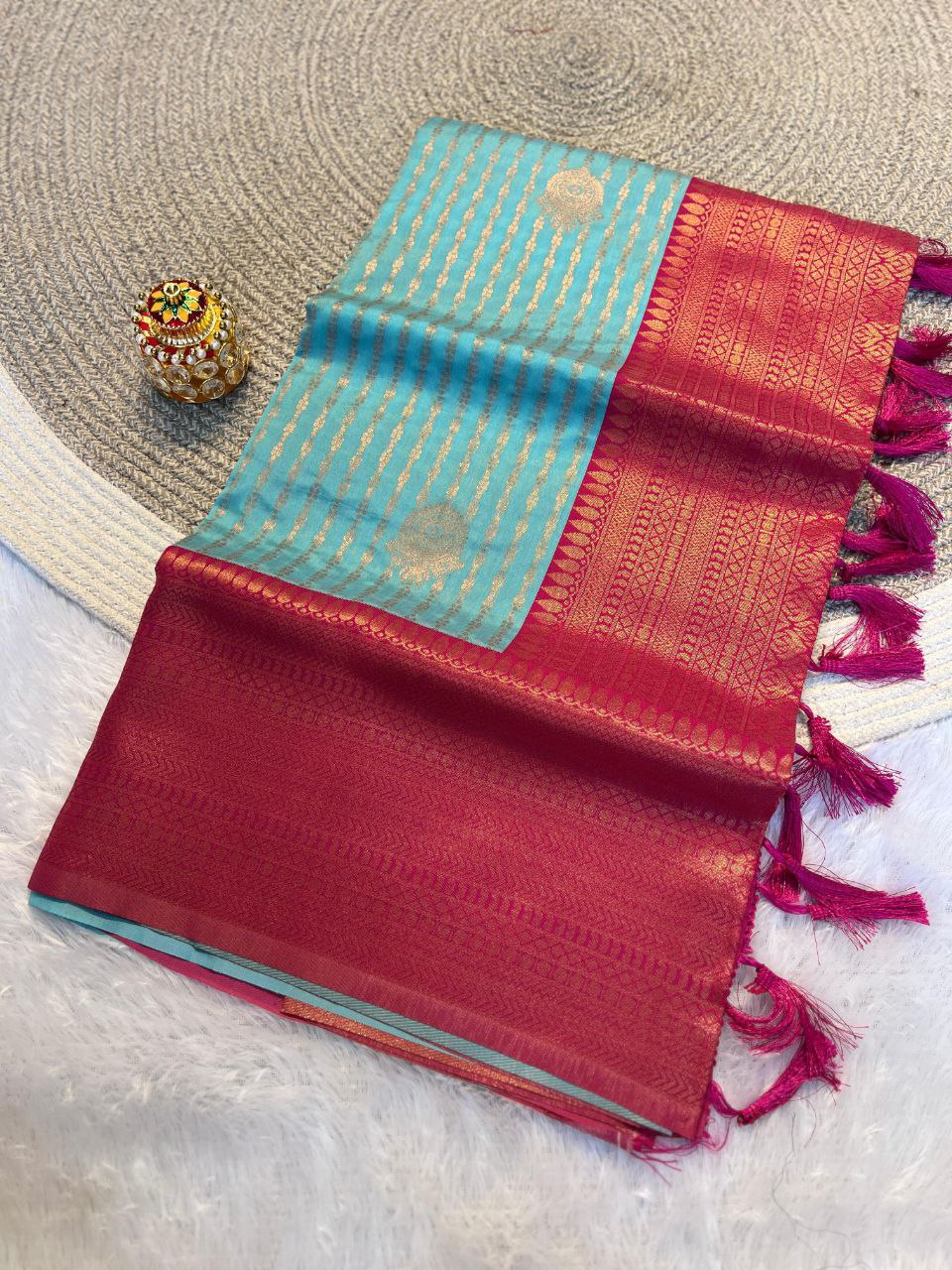 Radiant Sky Blue &amp; rani pink Kanchipuram Pattu Silk Saree with Rich Zari Border