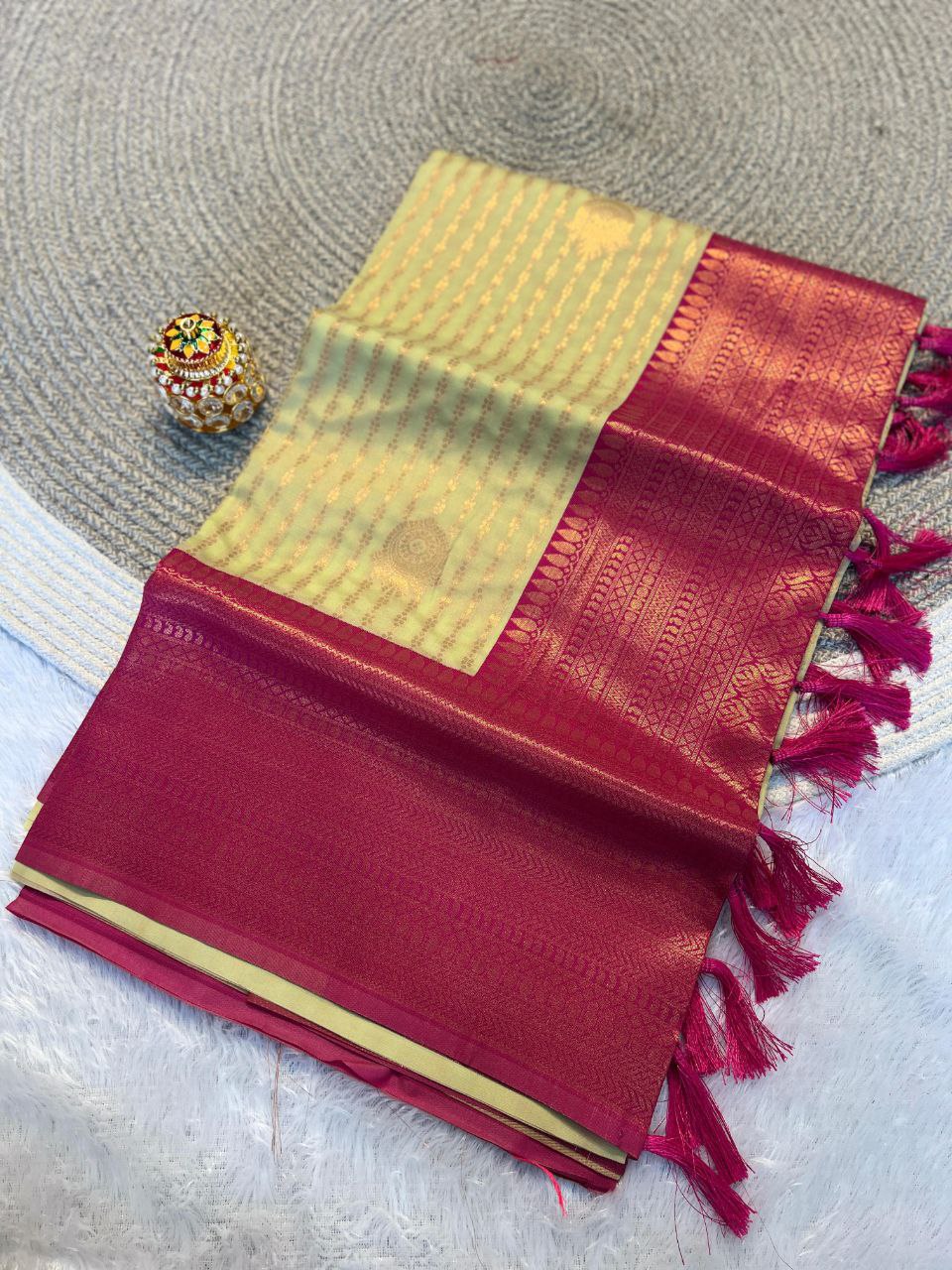 Radiant pista &amp; rani pink Kanchipuram Pattu Silk Saree with Rich Zari Border