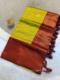 Radiant Lime green & maroon Kanchipuram Pattu Silk Saree with Rich Zari Border