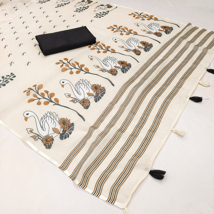 Cream Swan Soft Linen Cotton Printed Saree with Blouse Piece