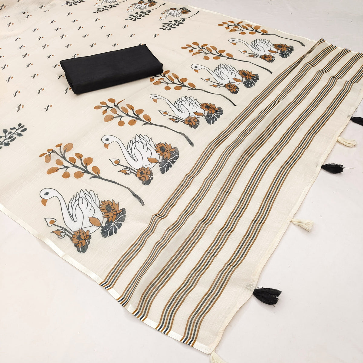Cream Swan Soft Linen Cotton Printed Saree with Blouse Piece