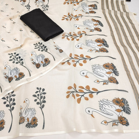Cream Swan Soft Linen Cotton Printed Saree with Blouse Piece