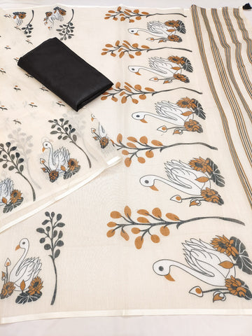 Cream Swan Soft Linen Cotton Printed Saree with Blouse Piece