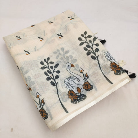 Cream Swan Soft Linen Cotton Printed Saree with Blouse Piece