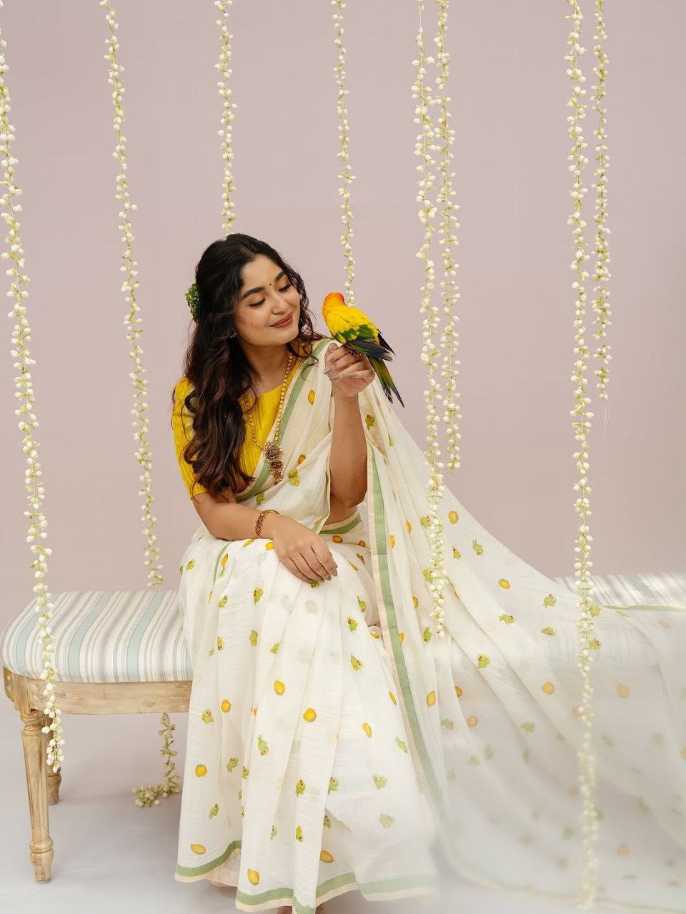 Fresh Citrus Print Saree with Green Border