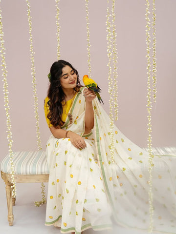 Fresh Citrus Print Saree with Green Border