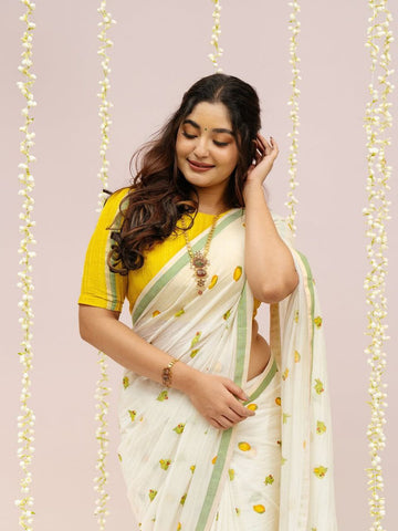 Fresh Citrus Print Saree with Green Border