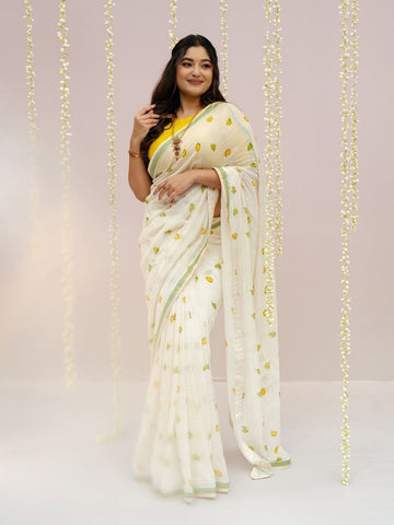 Fresh Citrus Print Saree with Green Border