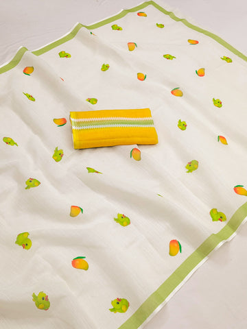 Fresh Citrus Print Saree with Green Border