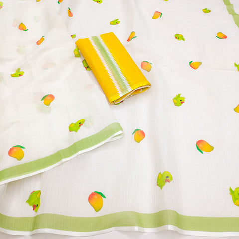 Fresh Citrus Print Saree with Green Border
