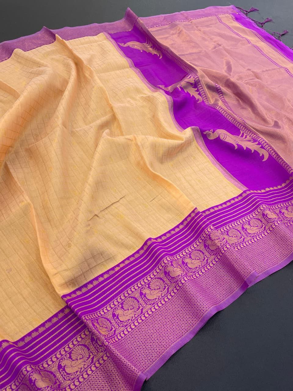 Heritage Silk Saree with Peacock Zari Border &amp; Rich Woven Pallu - CREAM