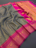 Heritage Silk Saree with Peacock Zari Border & Rich Woven Pallu - GREY PINK