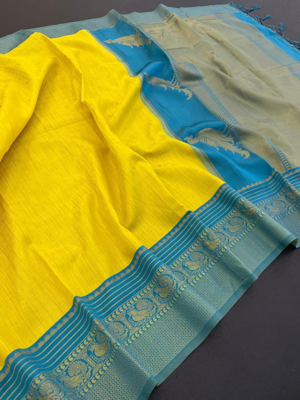Heritage Silk Saree with Peacock Zari Border &amp; Rich Woven Pallu - YELLOW SKY