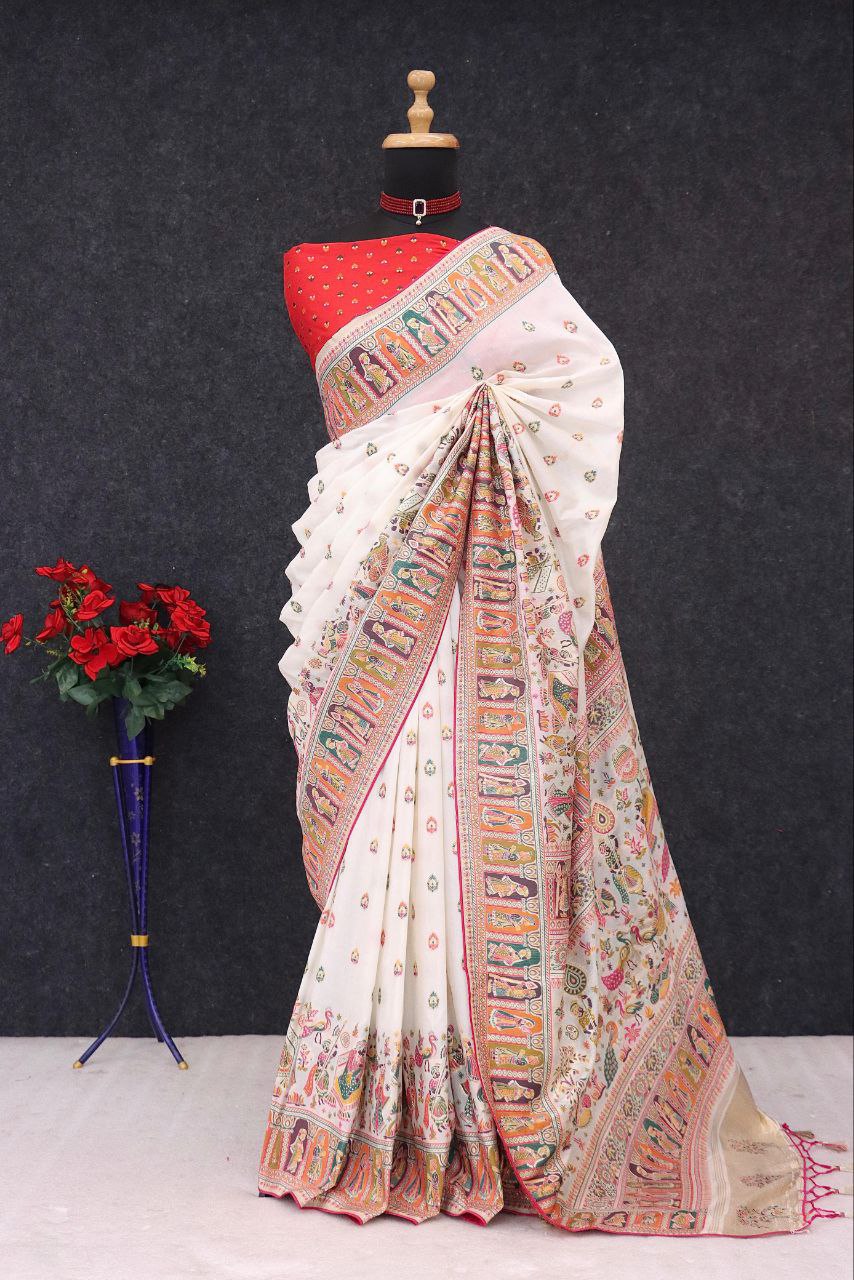 Heritage Chronicle Art Weave Saree with Intricate Traditional Narrative Border - WHITE