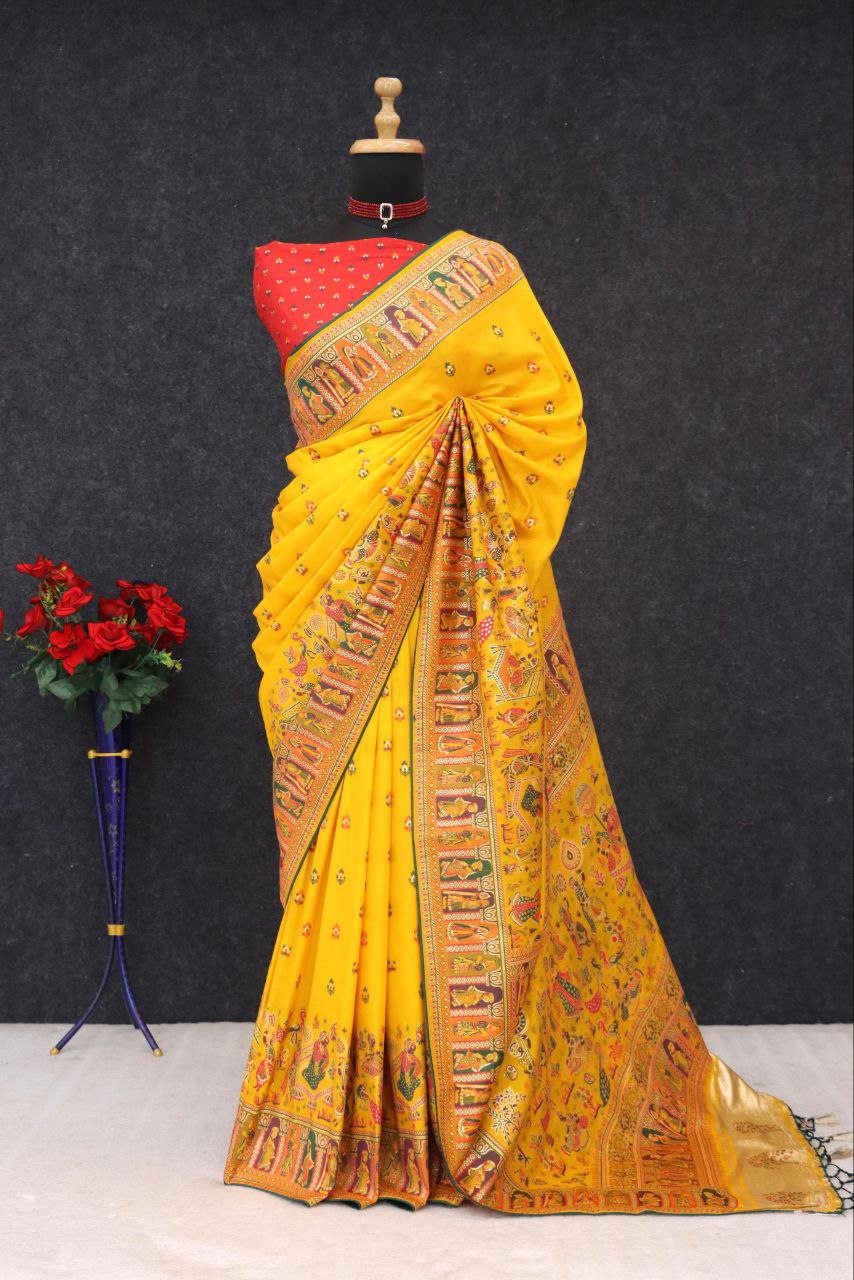 Heritage Chronicle Art Weave Saree with Intricate Traditional Narrative Border - YELLOW