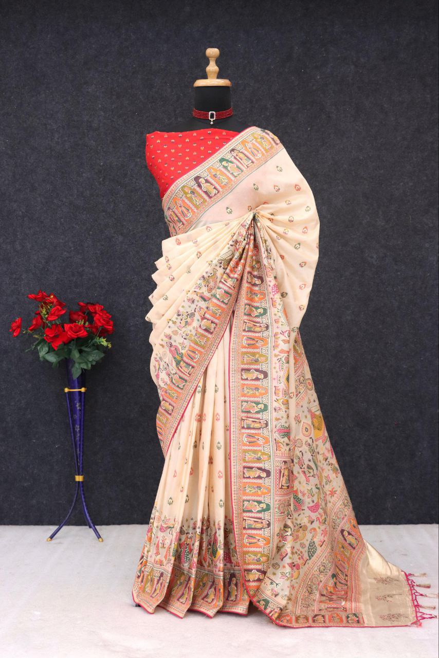 Heritage Chronicle Art Weave Saree with Intricate Traditional Narrative Border - OFF WHITE