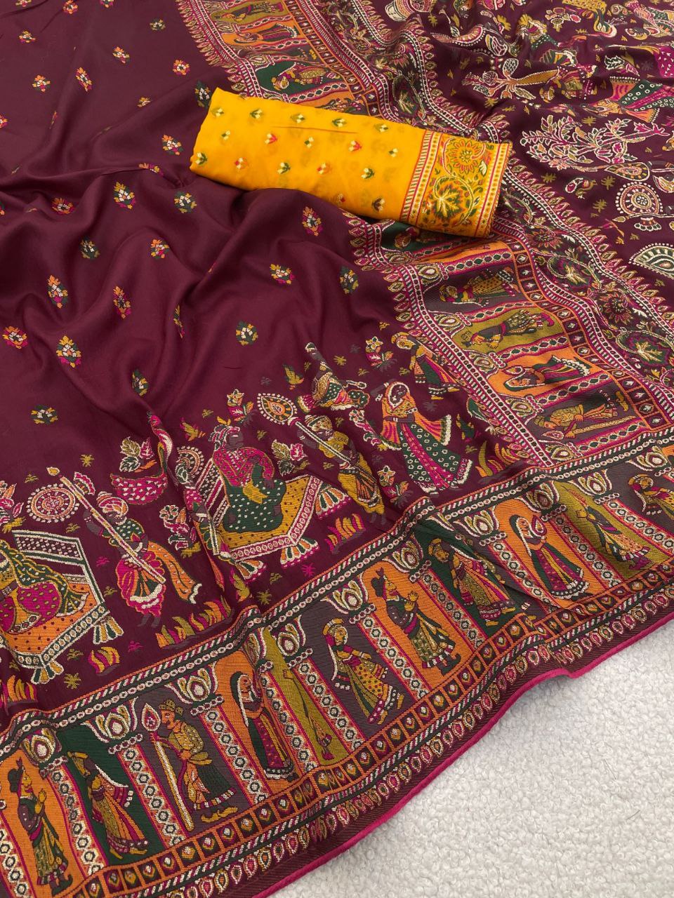 Heritage Chronicle Art Weave Saree with Intricate Traditional Narrative Border - WINE