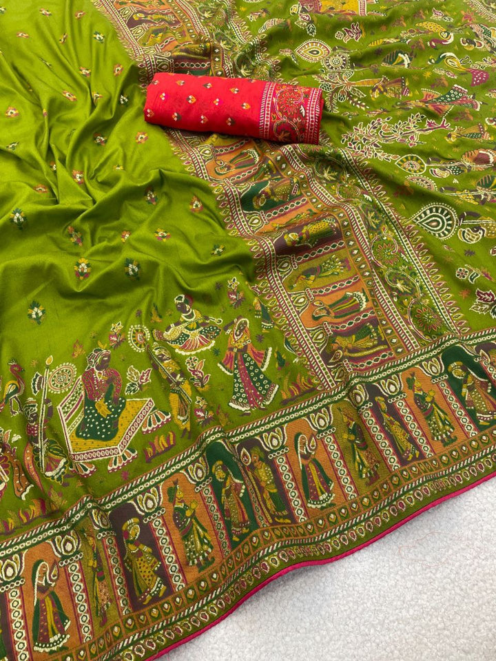 Heritage Chronicle Art Weave Saree with Intricate Traditional Narrative Border - GREEN
